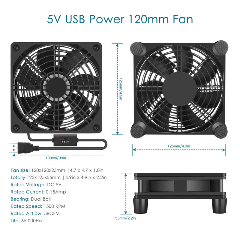 [Australia - AusPower] - Qirssyn 120mm 5V USB Fan with Multi Speed Controller for Router Modem Receiver DVR Xbox TV Box T-Mobile Home Internet Gateway SSD Cooling 1225USB-A1 