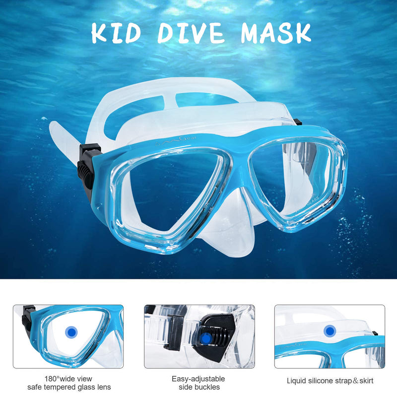 [Australia - AusPower] - OMGear Goggles Kids Swimming Silicone Swim Mask Snorkeling Gear for Kids Tempered Glass Snorkel Goggles with Nose Cover Scuba Diving Goggles with Cute Neoprene Mask Strap Cover Aqua 