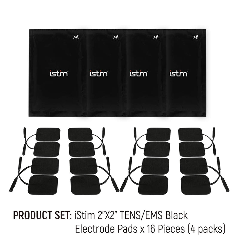 [Australia - AusPower] - iStim Super Soft 2"x2" TENS Unit Electrodes for TENS Massage EMS unit/muscle stimulator - 100% JAPANESE GEL - 16 pieces reusable Electrode Pads (2"x2"- 16 pieces - BLACK) 