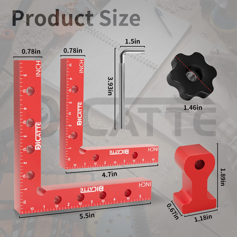 [Australia - AusPower] - DICATTE 90 Degree Positioning Square Right Angle Clamp( 5.5" +4.7") Aluminum Alloy Woodworking Carpenter Tool,4 Pcs Right Angle Clamps With 4 Clamps ,For Picture Frame Box Cabinets Drawers (RED) Red 