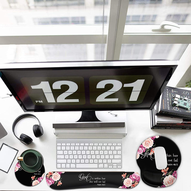 [Australia - AusPower] - Keyboard Wrist Rest Pad and Ergonomic Mouse Pad Wrist Support Set for Computer, Gaming , Office, Pain Relief + Coasters，Peony Flower Psalm 46:5 God is Within Her, She Will Not Fall Fd-wristrest-3 