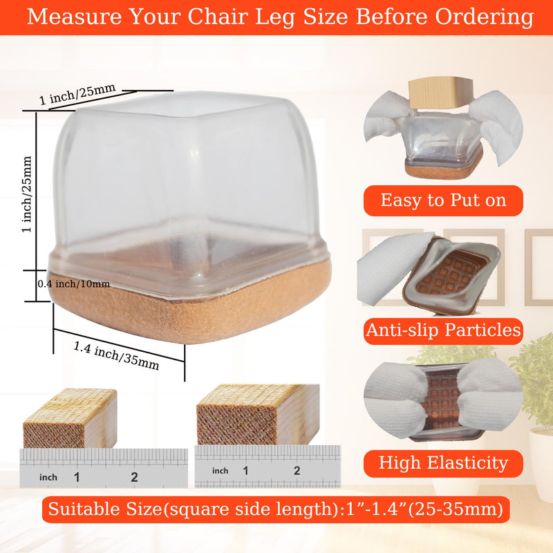 [Australia - AusPower] - 8 Pcs Silicone Chair Leg Floor Protectors for Hardwood Floors - Clear Chair Leg Covers Caps Square Felt Pads for Chair Legs Furniture Feet Floor Protectors, Anti-Scratches and Noise(Fit: 1"-1.4") Medium 