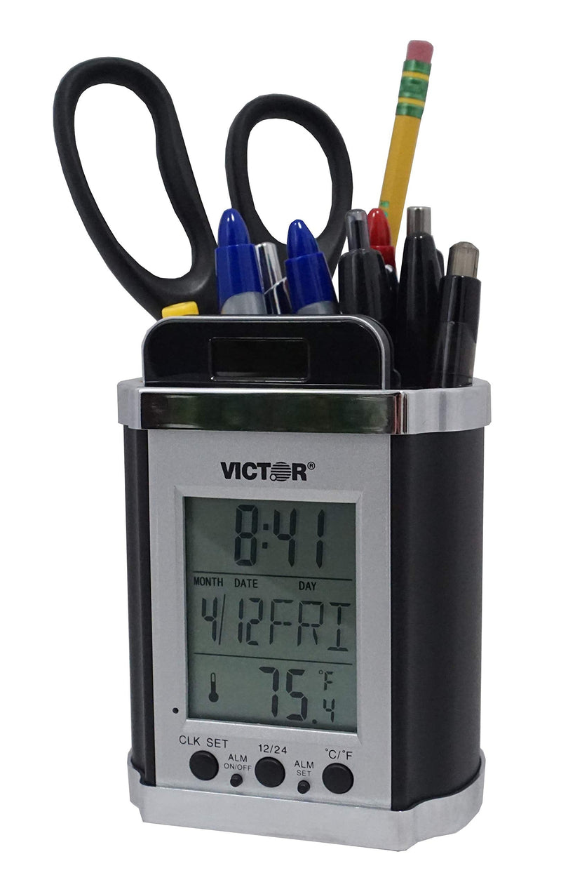 [Australia - AusPower] - Victor PH500 Electronic Pencil Cup w/LCD Display, Temperature in Farenheit & Celsius, Time, Date, Day of Week, Great for Home and Office Desks, Black & Chrome 