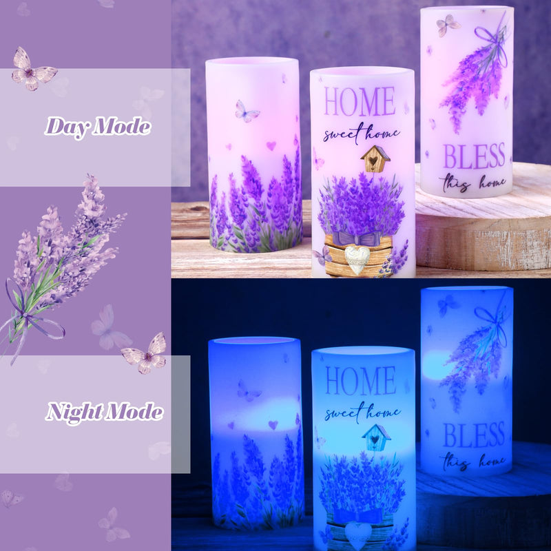 [Australia - AusPower] - Threlaco 3 Pcs Lavender Home Sweet Home LED Candles Farmhouse Spring Purple Butterfly Flameless Candles Bless This Home Candles with Remote for Bedroom Living Room Easter Spring Decor Farmhouse 