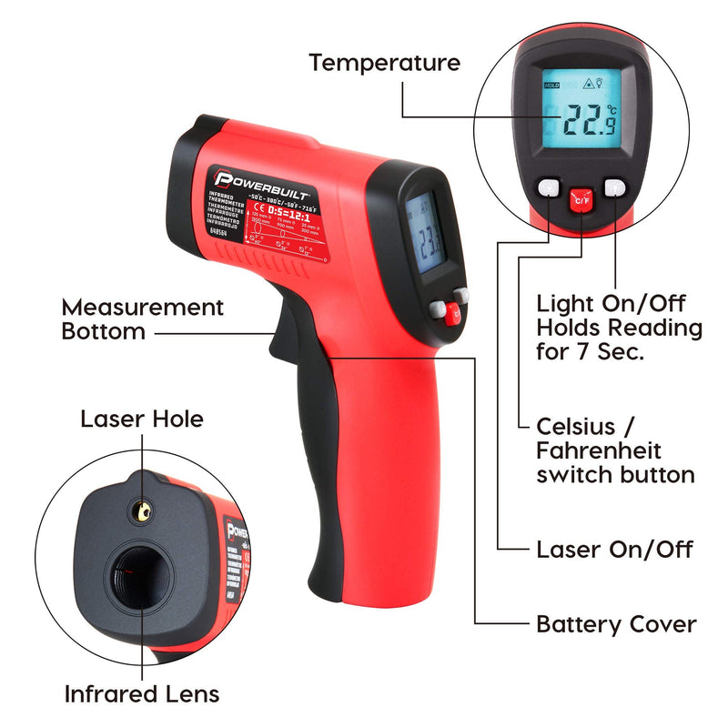 [Australia - AusPower] - Powerbuilt Infrared Temperature Gun Non-Contact Laser, Handheld Heat Detector for Grill, Engine, Surface, Home or Industrial Temps -58F to 716F Red 