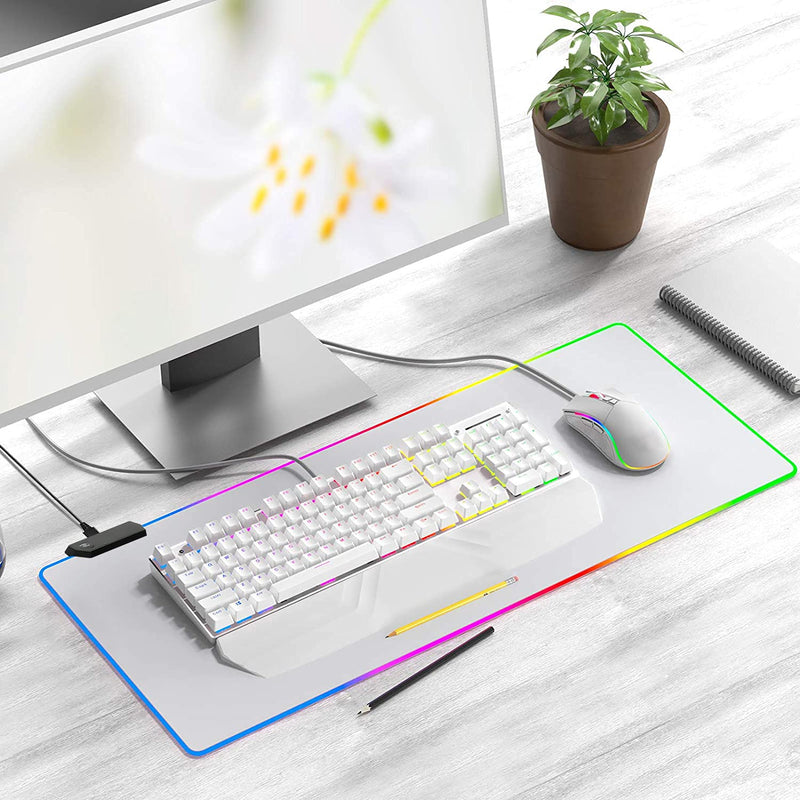 [Australia - AusPower] - Gaming Mouse Pad White RGB Mousepad Non-Slip Rubber Base Extra Large Cool XL XXL Computer Desk Pad Gaming Accessories LED Light Up jmiyav Extended Big Keyboard and Mouse Pad for Gamer (31.5x12In) gloss white -I 
