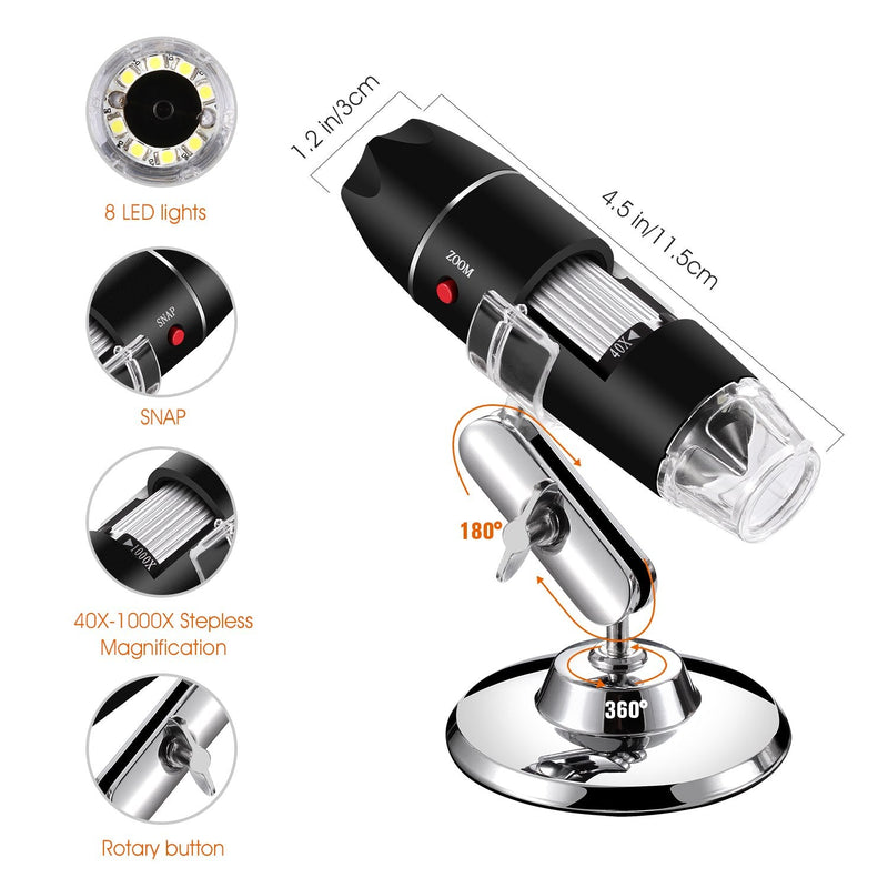 [Australia - AusPower] - Bysameyee USB Microscope, Digital Handheld 40X-1000X Magnification Endoscope Mini Video Camera with 8 Adjustable LED Lights, Compatible with Windows 7/8/10/11 Mac Linux Android (with OTG) USB/Micro-USB 