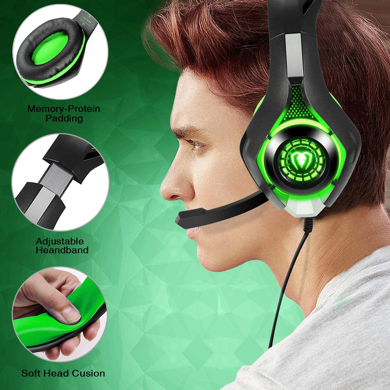 [Australia - AusPower] - BlueFire 3.5mm PS4 Gaming Headset Headphone with Microphone and LED Light Compatible with Playstation 4, PS5, Xbox one, PC (Green) Green 