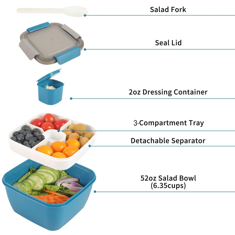 [Australia - AusPower] - Shopwithgreen 52 OZ to Go Salad Container Lunch Container, BPA-Free, 3-Compartment for Salad Toppings and Snacks, Salad Bowl with Dressing Container, Built-in Reusable spoon, Microwave Safe Blue 
