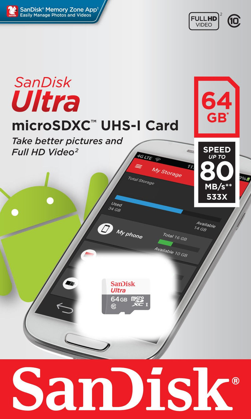 [Australia - AusPower] - SanDisk Ultra SDSQUNS-064G-GN3MN 64GB 80MB/s UHS-I Class 10 microSDXC Card 