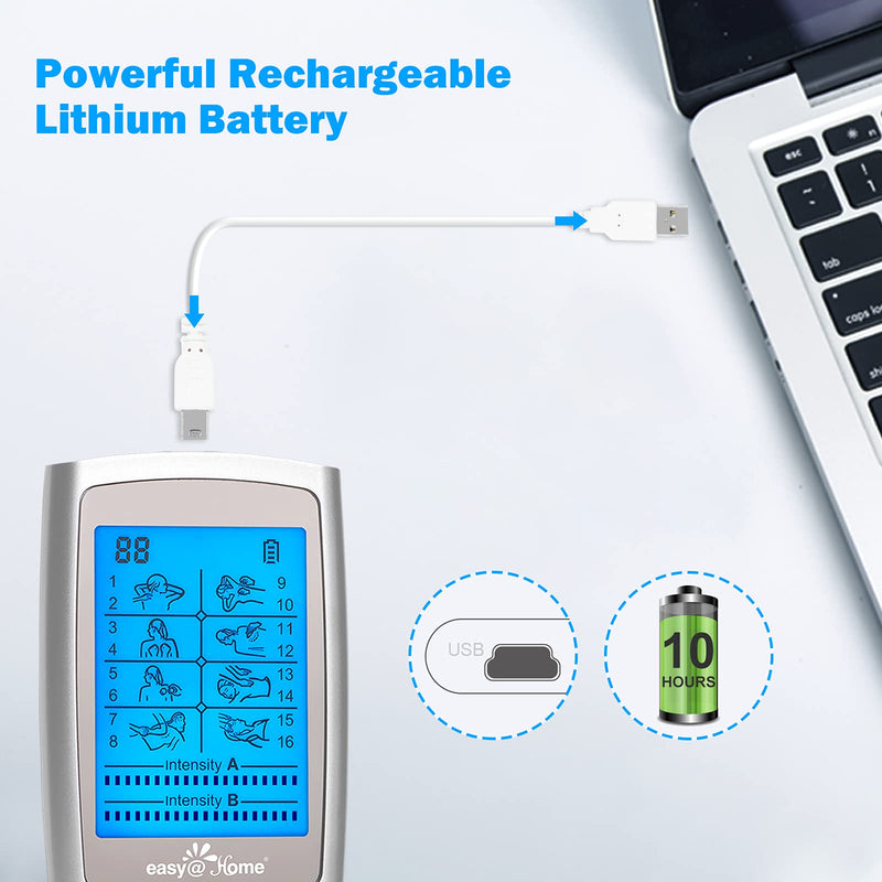 [Australia - AusPower] - Easy@Home Rechargeable TENS Unit + EMS Muscle Stimulator, 2 Independent Channels, 20 Intensity Levels, 8 Massage Types+16 Modes, 510K Cleared FSA Eligible Handheld Electronic Pulse Massager, EHE029G-B 