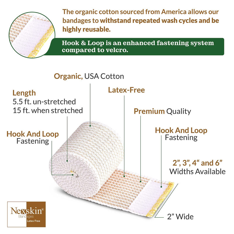 [Australia - AusPower] - Premium Elastic Bandage Wrap (2” Wide, 6 Pack) - Nexskin Latex Free Athletic/Medical Compression Bandages Hook & Loop Fasteners at Both Ends - Lifetime Washable & Reusable USA Organic Cotton Bandage 2 Inch (Pack of 6) 