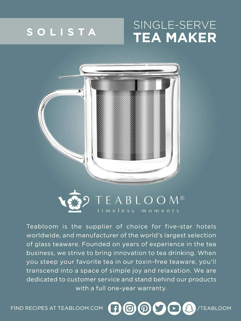[Australia - AusPower] - Teabloom Single-Serve Tea Maker (8 OZ) - Double Wall Glass Cup with Infuser Basket and Lid for Steeping, Solista Brewing Mug 