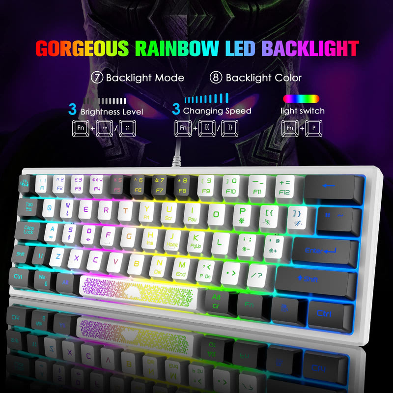 [Australia - AusPower] - ZIYOU LANG K61 60% Gaming Keyboard Mini Portable with Rainbow RGB Backlit Compact Ergonomic 62Key Layout Anti-ghosting Mechanical Waterproof Wired for PC Mac Windows Gamer Laptop Typists(White+Black) White+Black 