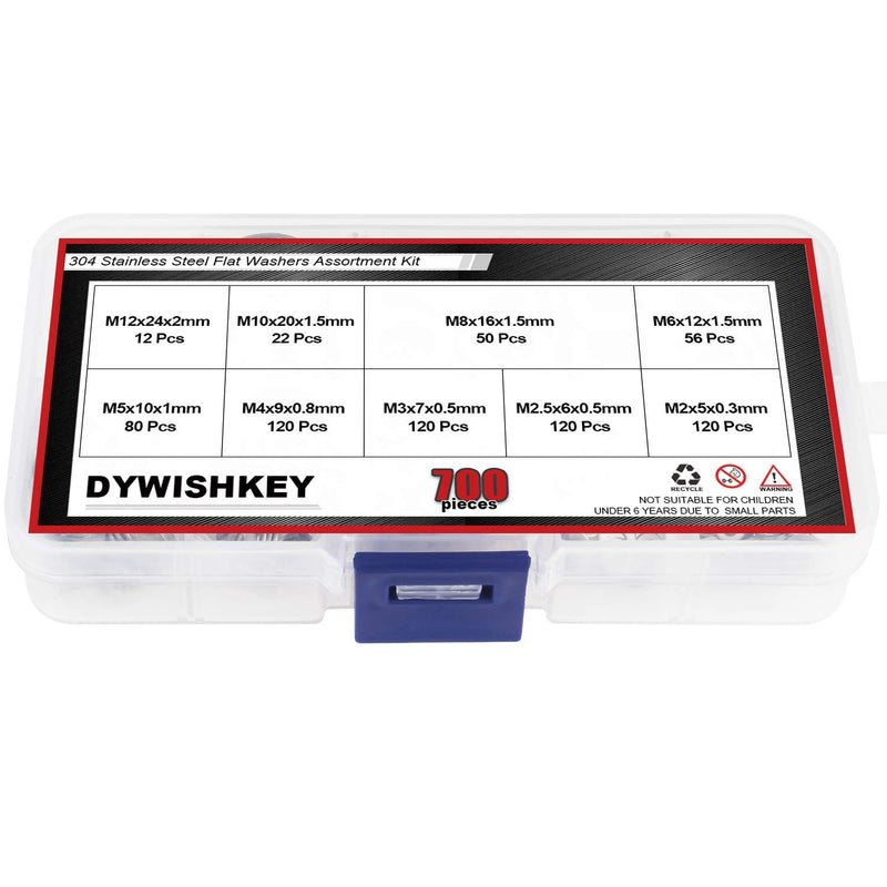 [Australia - AusPower] - DYWISHKEY 700Pcs 9 Sizes Stainless Steel Flat Washers Assortment Kit (M2 M2.5 M3 M4 M5 M6 M8 M10 M12) 