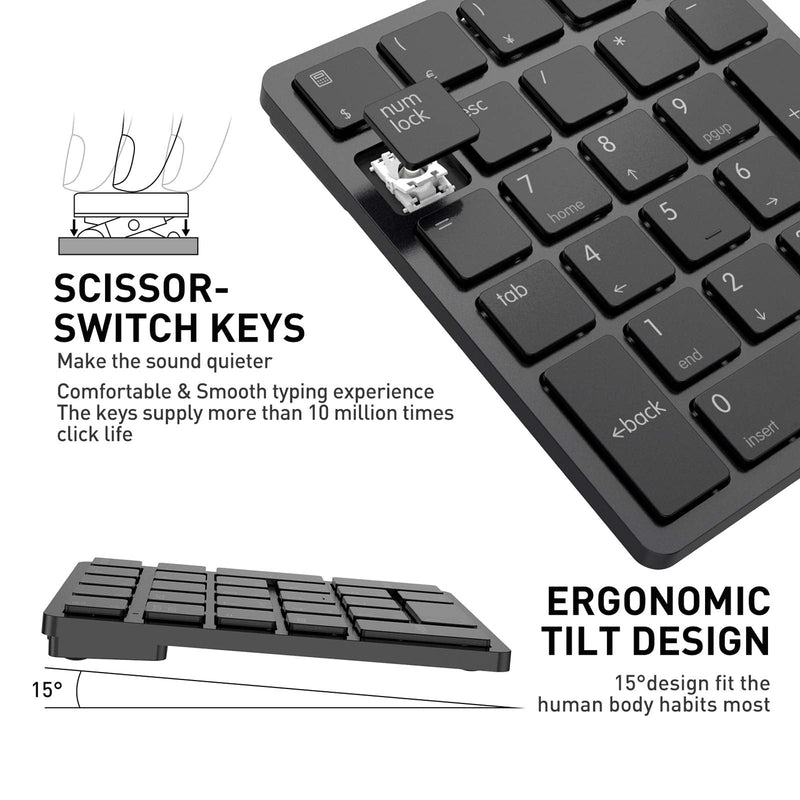 [Australia - AusPower] - Bluetooth Number Pad, Havit USB Wireless Numeric keypad 26 Keys Portable Mini Financial Accounting Rechargeable Numeric Pad for Laptop Desktop, PC, Surface Pro,Notebook (Black) Black 