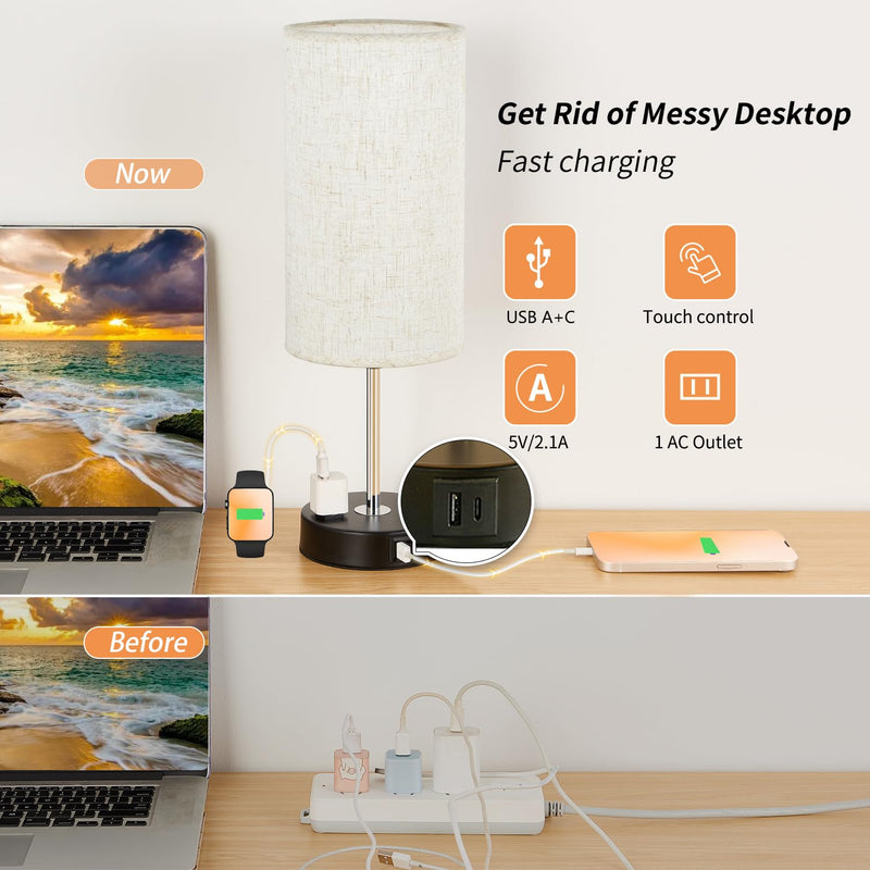 [Australia - AusPower] - Gugsey Bedside Table Lamp with USB Port - Touch Desk Lamp for Bedroom, 3 Way Dimmable Small Nightstand Lamp for Living Room, Dorm, Home Office (Bulb Included) (Linen) Black 