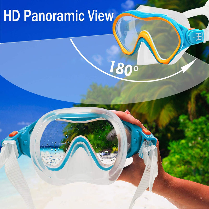 [Australia - AusPower] - Kids Snorkeling Gear Dry Snorkel HHAO Sport Kids Snorkel Set Junior Anti Fog 180° Panoramic View, Swim Goggles with Nose Cover Scuba Diving Mask for Boys Girls, 4-15 Yrs Old Blue-orange 