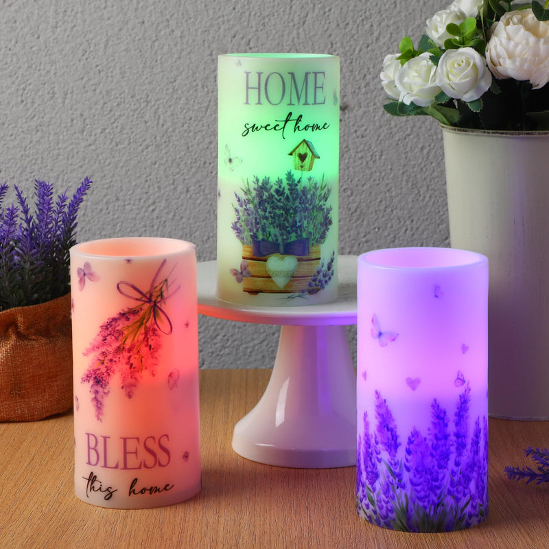 [Australia - AusPower] - Threlaco 3 Pcs Lavender Home Sweet Home LED Candles Farmhouse Spring Purple Butterfly Flameless Candles Bless This Home Candles with Remote for Bedroom Living Room Easter Spring Decor Farmhouse 