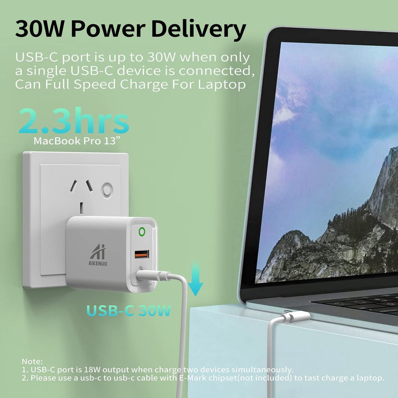 [Australia - AusPower] - AI AIKENUO 30W Charger, Dual Port USB C Wall Charger Charging Block, USB iPhone Fast Charger QC 3.0+PD 3.0 USB-C Power Adapter, Type C Charger for iPhone 12 Pro Max/S21/iPad Pro/MacBook/Pixel 