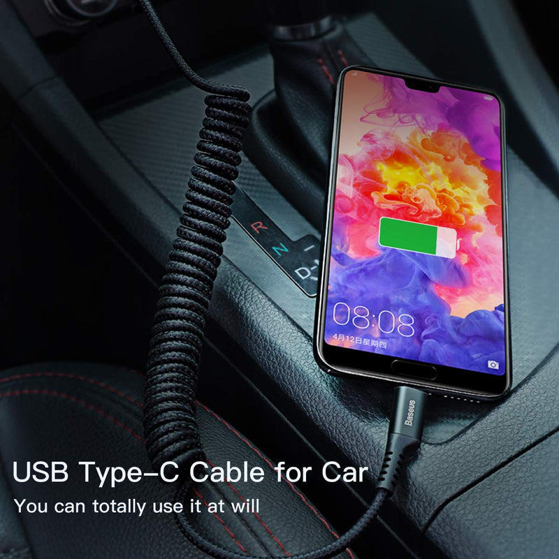 [Australia - AusPower] - USB Type C Cable for Car, Baseus Retractable USB C Cable(3FT) Curly USB A to USB-C Fast Charger Cord Compatible Samsung Galaxy S10 S9 S8 Plus Note 9 8, Moto Z, LG5/G6/V20, USB C Devices (Black) Black 1 