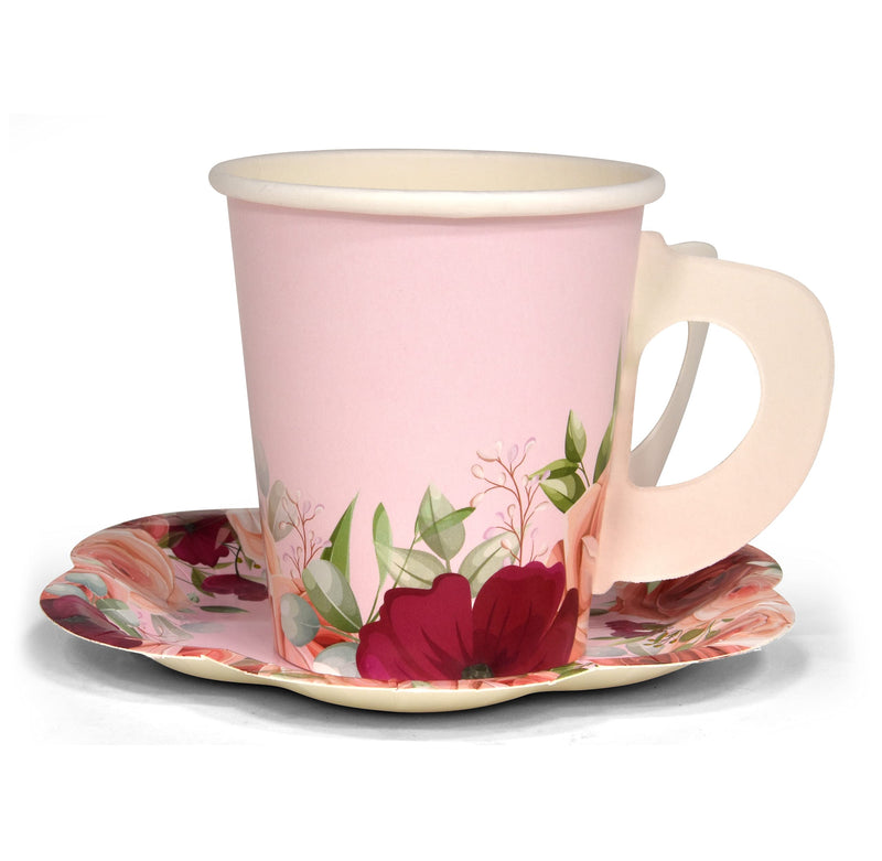 [Australia - AusPower] - 24 Disposable Tea Cups and Saucers Sets Floral Design 7" Flower Scallop Shaped Plates 24 5" Saucer Paper Plate 24 5 oz. Tea Cup with Handle 48 Lunch Napkins for Spring Wedding Birthday Party Supplies 