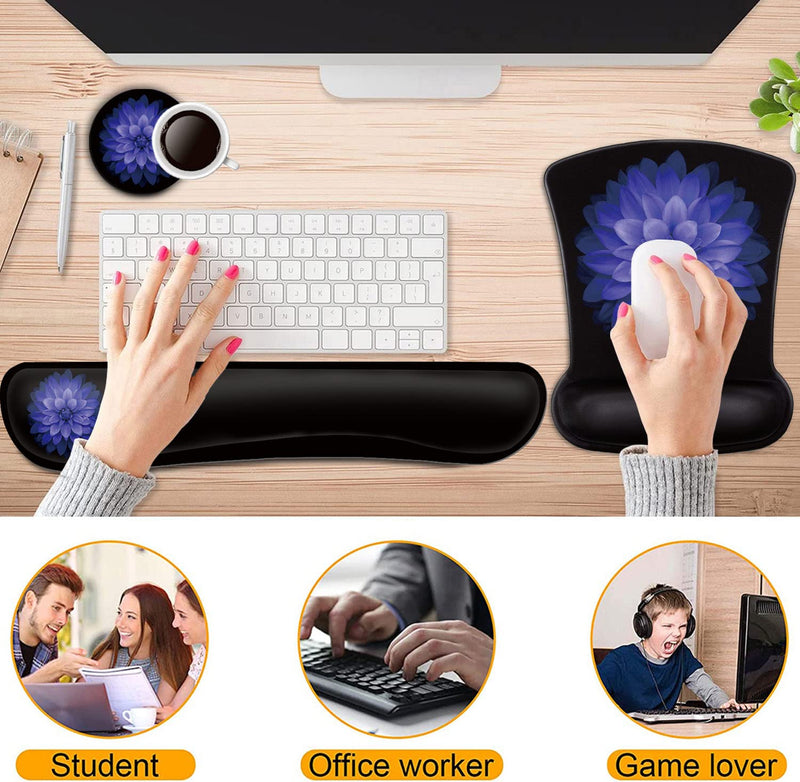 [Australia - AusPower] - Keyboard Wrist Rest and Mouse Pad Wrist Support Set ,Purple Flowers Ergonomic Gel Mouse Pad ,Easy Typing Pain Relief, Memory Foam Keyboard Mousepad Set with Coasters Bf-mouse Pad-3-21 