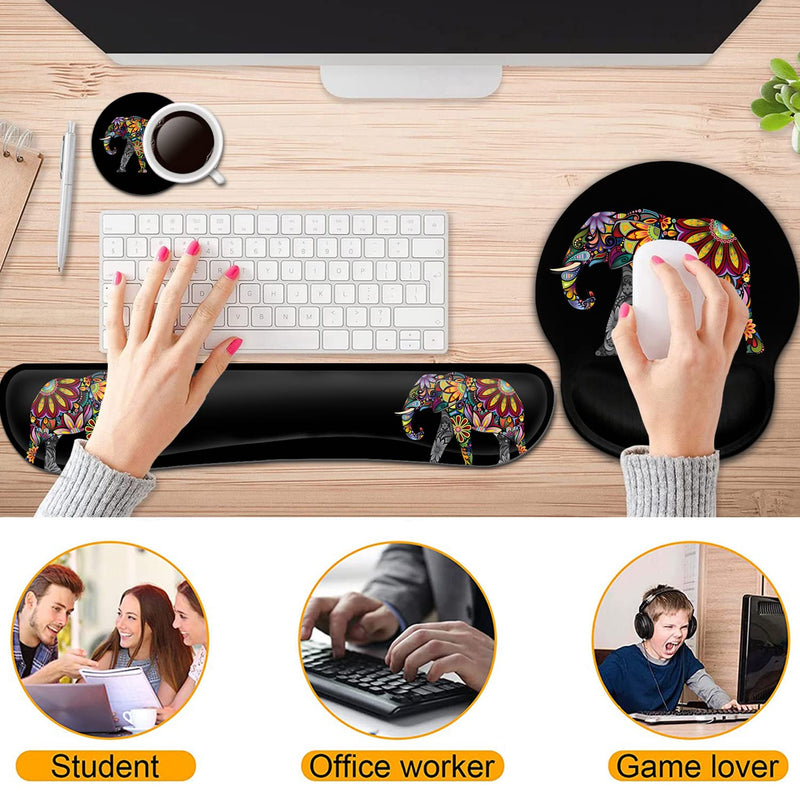 [Australia - AusPower] - Keyboard Wrist Rest and Mouse Pad with Wrist Support, Ergonomic Gel Mouse Pad Coaster, Comfortable Lightweight for Easy Typing Pain Relief, Memory Foam Keyboard Mousepad Set,Colorful Elephant Bf-mousepad-2-48 