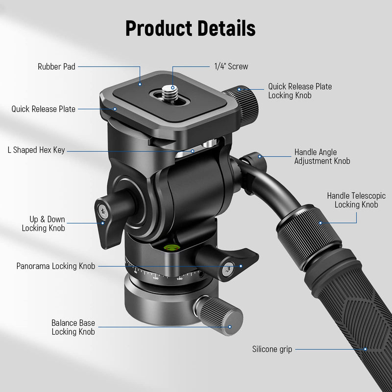 [Australia - AusPower] - NEEWER Tripod Fluid Head with +/-10° Leveling Base(37mm Dia.), Metal Pan Tilt Head with Arca Type QR Plate, Telescopic Handle for Compact Video Camera DSLR Camera, Max Load 8.8lb/4kg, GM27 