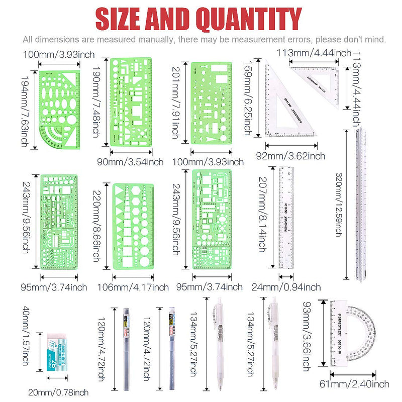 [Australia - AusPower] - Hilitchi 16 Pcs Pack Plastic Measuring Templates Building Formwork Stencils Geometric Building Furniture Drawing Template Geometry Rulers and Drafting Scale Ruler with Eraser Pencil and Refills 