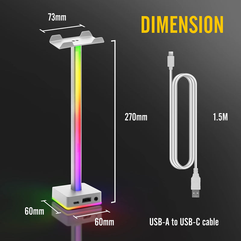 [Australia - AusPower] - EZDIY-FAB USB LED Light Bar Headphones Stand, Desktop Atmosphere RGB Backlight,50 Built-in Color Modes, Headphone Holder for Gamers Gaming PC PS5 Accessories Desk- White- 1 Pack 