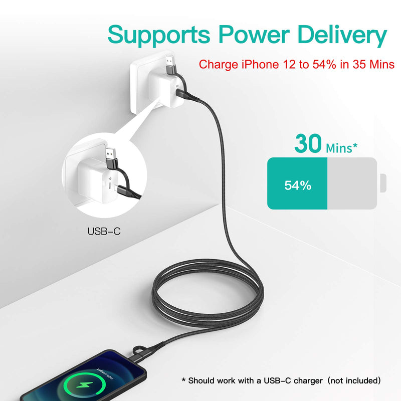[Australia - AusPower] - USB C to Lightning Cable 10ft,iPhone 12 Charger Cable,4-in-1 USB-C/A to USB-C/Lightning PD 60W Fast Charging Cord Compatible with Apple MFi Certified MacBook,Samsung Galaxy,iPhone,iPad/Pro/Mini/Air 