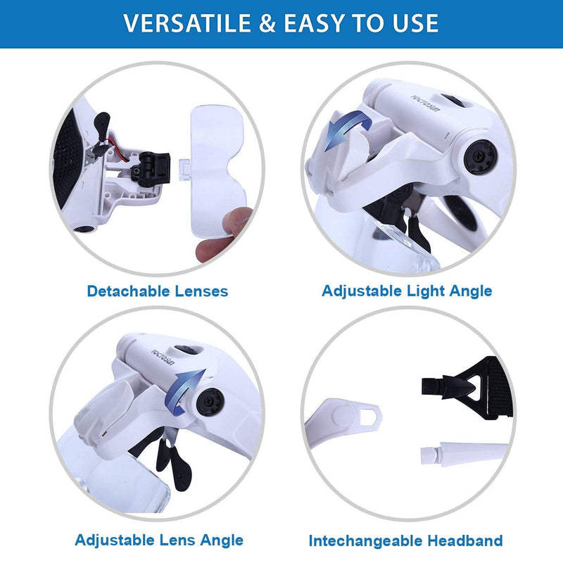 [Australia - AusPower] - YOCTOSUN Magnifying Glasses with Light, Head Mount Magnifier with 5 Lenses, Headband, Storage Case, Hands Free LED Lighted Head Magnifying Visor for Close Work Hobby Crafts Led Head Magnifier with Storage Case 