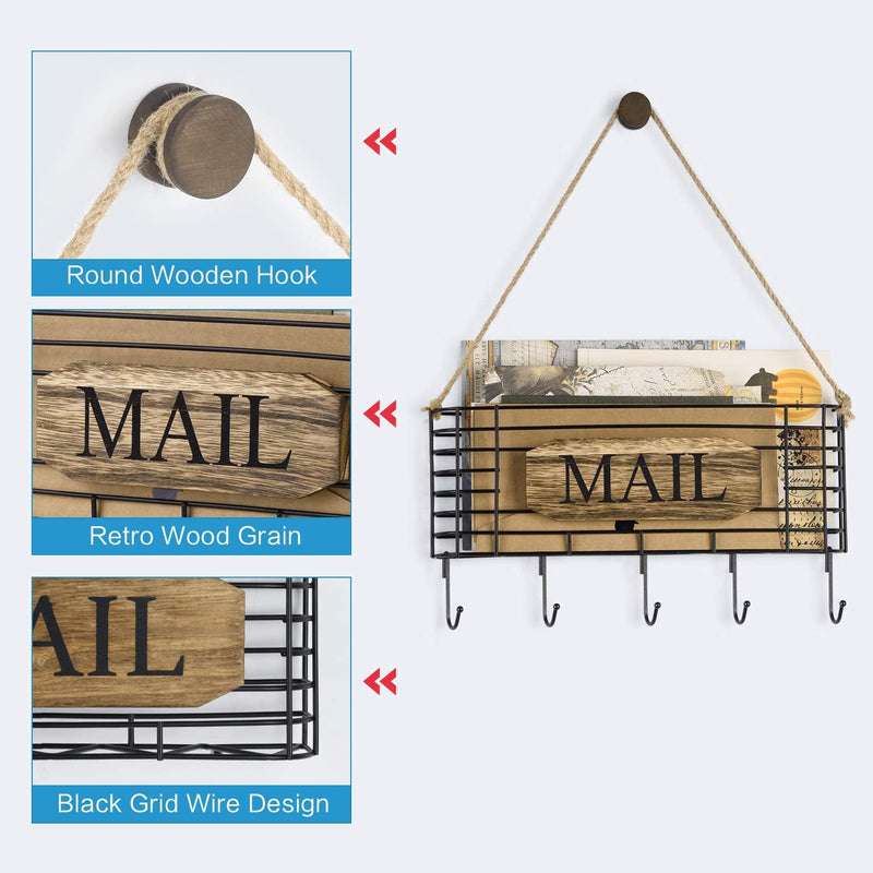 [Australia - AusPower] - SRIWATANA Mail Holder, Rustic Mail Organizer Wall Mount Hanging Mail Sorter Letter Basket with 5 Key Holder for Wall, Large, Carbonized Black 