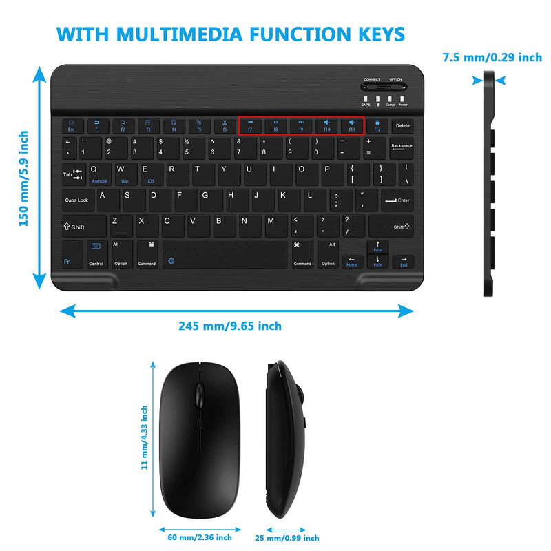 [Australia - AusPower] - Small Bluetooth Keyboard and Mouse Combo Protable Rechargeable External Cordless Wireless Keyboard for Android Tablet Cell Phone Surface Samsung Smartphone iPhone iPad Mini Pro Air MacBook (Black) Black 