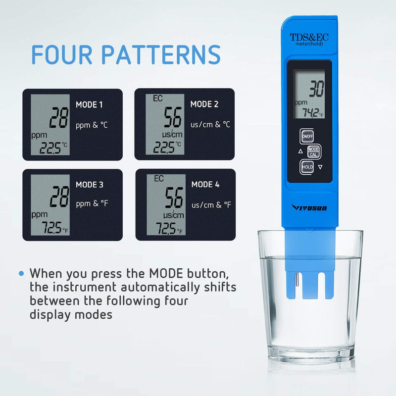[Australia - AusPower] - VIVOSUN TDS Tester 3-in-1 TDS EC & Temperature Meter Ultrahigh Accuracy Digital Water Quality TDS Tester (Blue) 