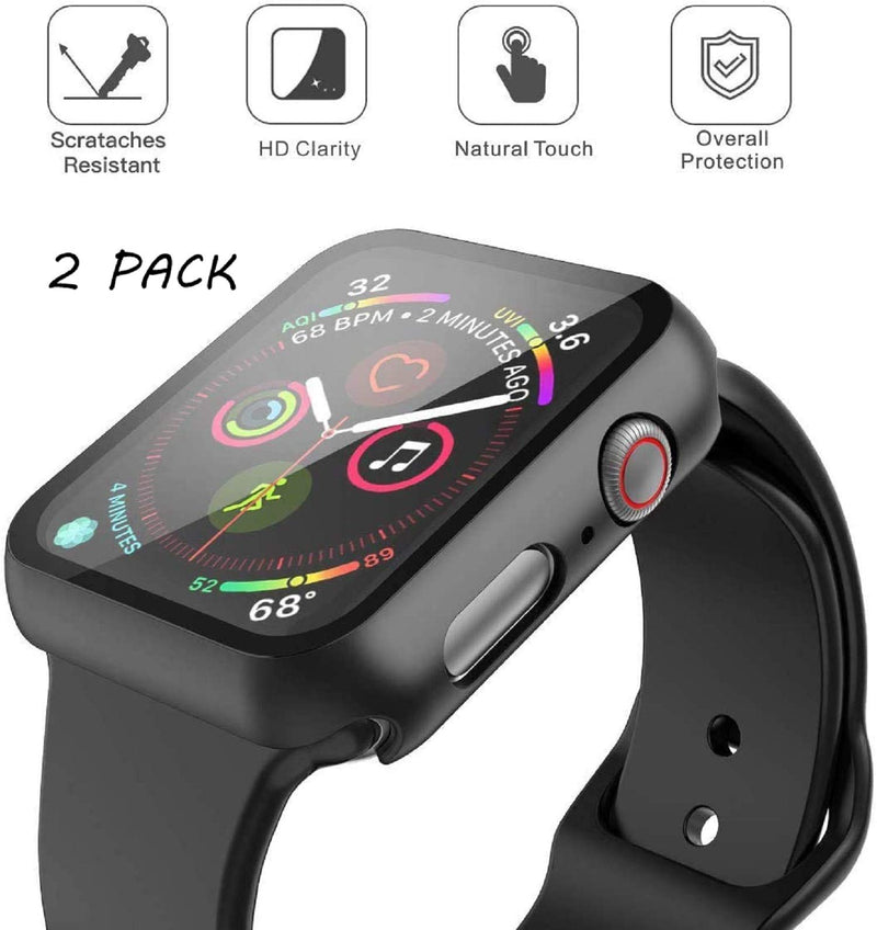 [Australia - AusPower] - Misxi 2 Pack Hard PC Case with Tempered Glass Screen Protector Compatible with Apple Watch Series 6 SE Series 5 Series 4 44mm, Black 2 Black 