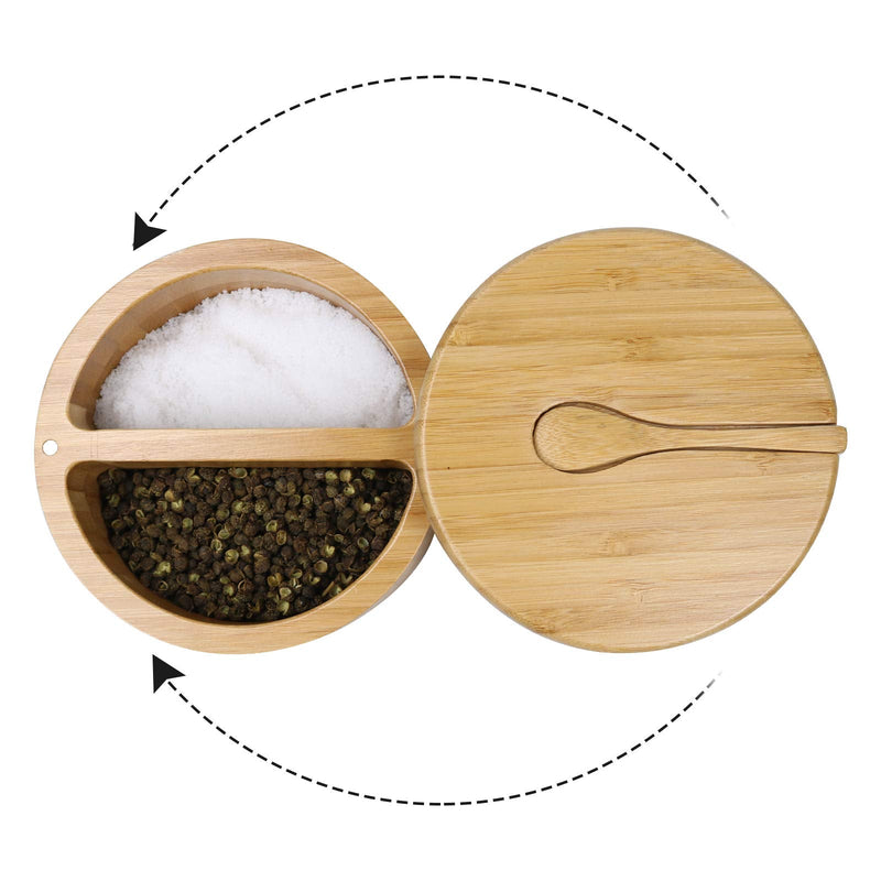 [Australia - AusPower] - Bamboo Salt and Pepper Bowls by HTB, Divided Salt Cellar With Swivel Lid and Spoon, Seasoning Containers With Magnetic Lid to Keep Dry, Mini Spoon Built Into Top, Great When You May Have Messy Hands 