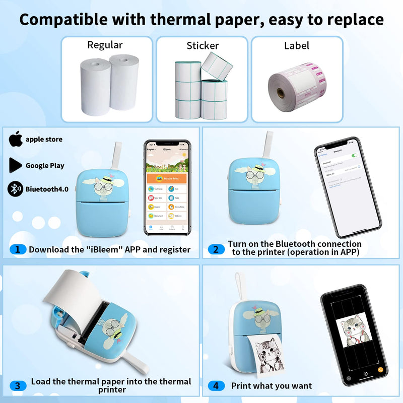 [Australia - AusPower] - Mini Pocket Portable Printer, Inkless Wireless Bluetooth Pocket Thermal Mini Printer for iOS & Android, Mini Sticker Printer for Label Receipt Photo Notes Study Home Office Blue 