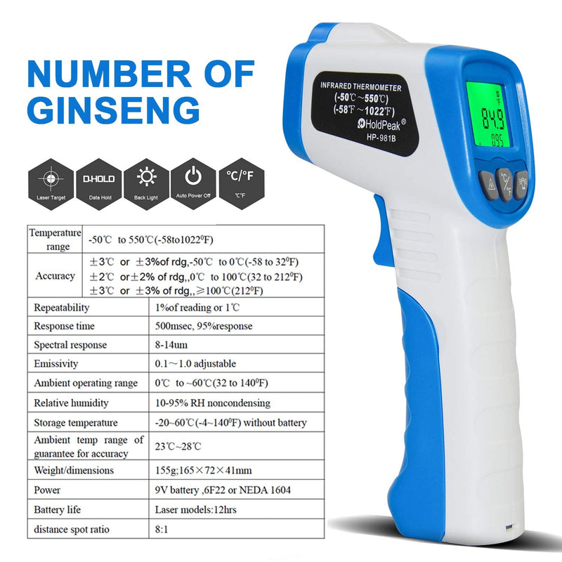 [Australia - AusPower] - Infrared Thermometer HOLDPEAK HP-981B Non-Contact Digital Temperature Gun Measure Range -58 to 842℉ (-50 to 450℃) Instant-Read with 9V Battery and Emissivity 0.95(Fixed) NOT for Human 2-981B Thermometer(-58~842℉) 