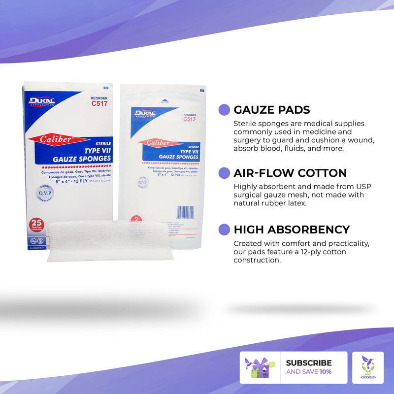 [Australia - AusPower] - Dukal Type VII Gauze Sponges 8" x 4". Pack of 50 Sterile Wound Pads 12-ply. Sterile 100% Сotton Gauze Sponges, Wound Care Dressing Pads for Cleaning, Prepping. Wound Care Gauze Bandages, C517 8x4 Inch (Pack of 50) 