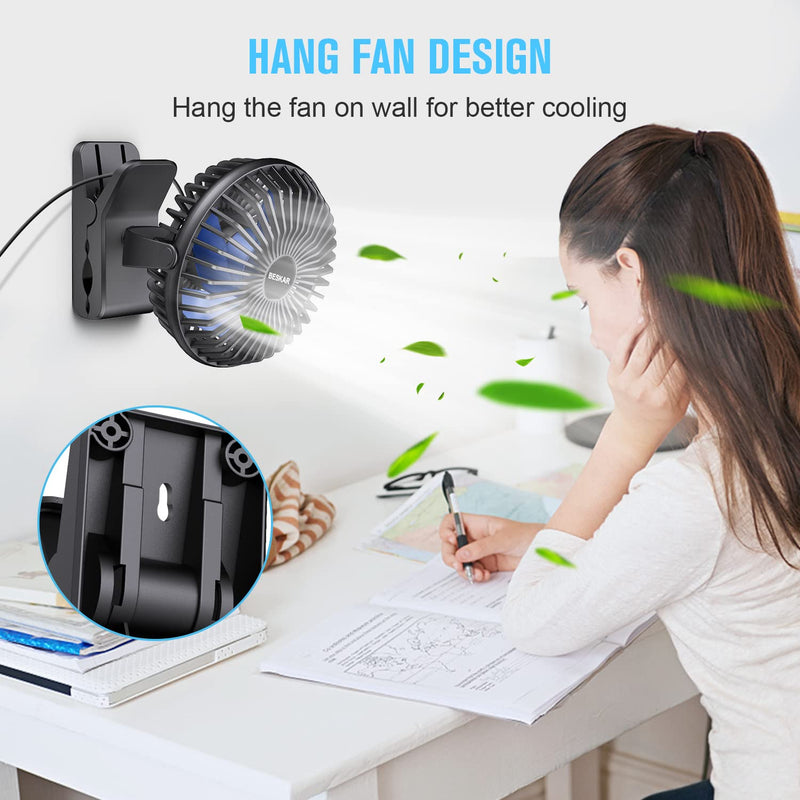 [Australia - AusPower] - BESKAR USB Powered Clip on Fan, 6 Inch Portable Fan with Cord, 3 Speeds Strong Airflow, Small Fan with Sturdy Clamp, Quiet Personal Desk Fan & Clip Fan Black Blue Blades 
