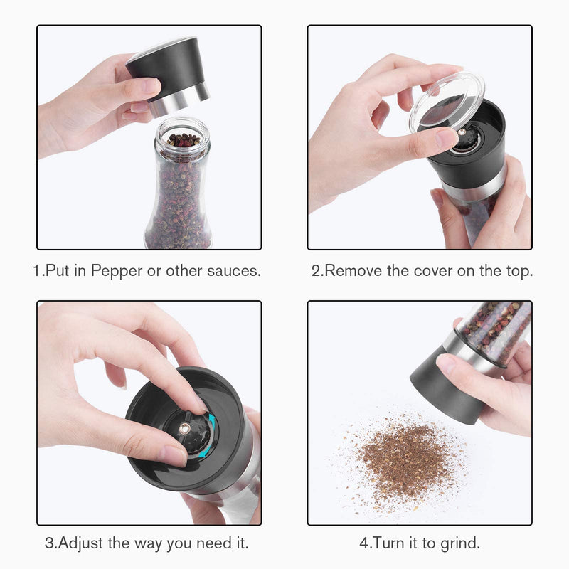 [Australia - AusPower] - Hotder Premium Pepper and Salt Grinder Set of 2-Refillable Coarseness Adjustable Pepper Mill Shaker with Glass Body Christmas Gift( Two Pack),(Not Include Salt and Pepper) 7.5 Tall 