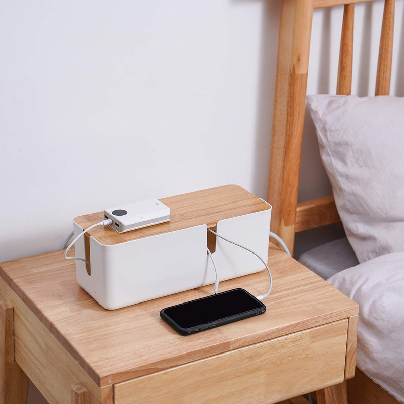 [Australia - AusPower] - Changsuo Cable Management Box with Bamboo Lid Small Cable Organizer Box for Extension Cord Power Stripe Surge Protector Wire Management Concealer Organizer Cover Hider (White) White 