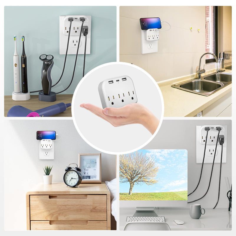 [Australia - AusPower] - Power Strip Surge Protector, with 1 USB C Wall Charger, 2 USB A Ports, 3 AC Multi Plug Outlet Surge Protectors, USB Wall Charger Wall Outlet Extender with TOP Phone Holder for Room, Bedroom, Office White 