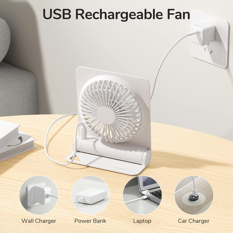 [Australia - AusPower] - JISULIFE Small Desk Fan, Portable USB Rechargeable Fan, 160° Tilt Folding Personal Mini Fan with 4500mAh Battery, Strong Wind, Ultra Quiet, 4 Speed Modes for Office, Home, Camping - White 