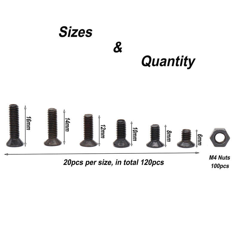 [Australia - AusPower] - binifiMux 220pcs M4 Flat Head Black Screw Nuts Kit, M4 x 6mm/ 10mm/ 12mm/ 16mm/ 18mm/ 20mm 