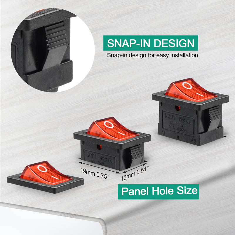 [Australia - AusPower] - QTEATAK KCD1 On/Off 3-Pin 2-Position Snap 10A/125V, 6A/250V Red LED Boat Rocker Switch-5Pack Red-pin 