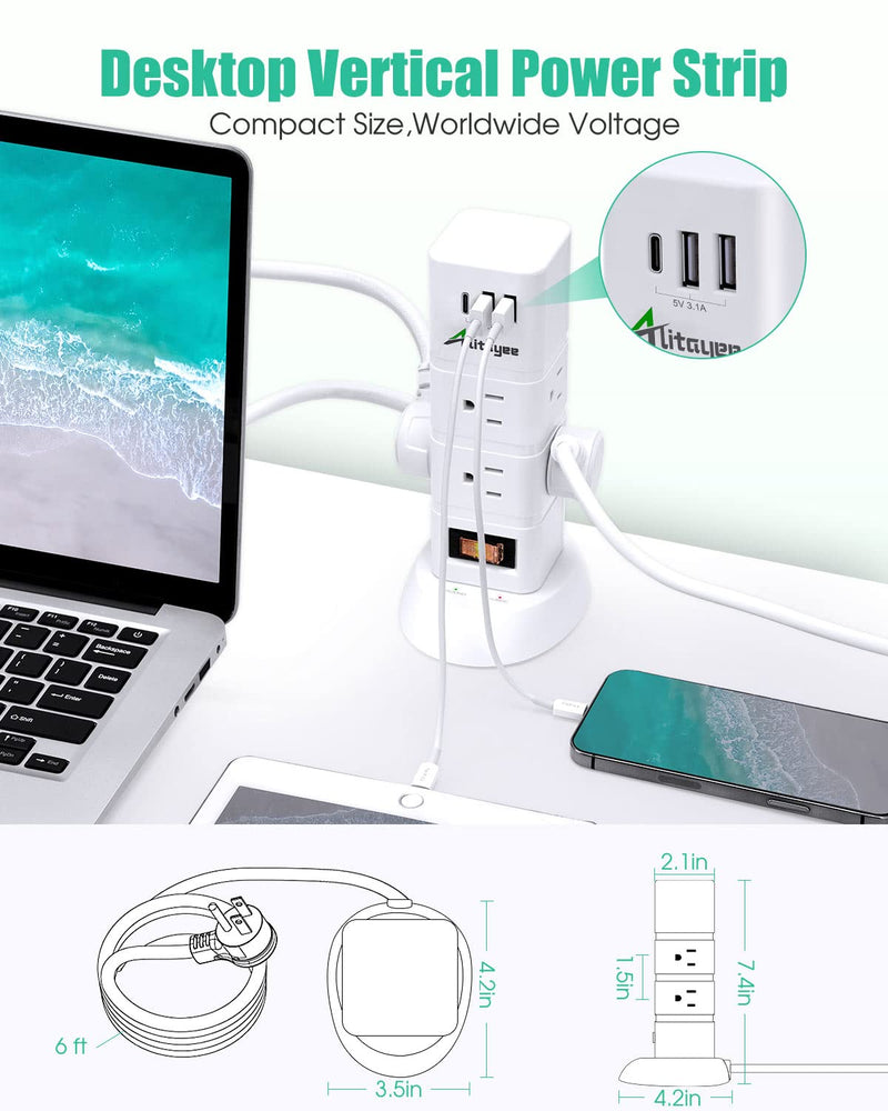 [Australia - AusPower] - Power Strips,1080Joules Surge Protector Power Strip with 5V 3.1A 15.5W USB C and 2 USB A Ports, 6 AC Outlets with 1 ON/Off Switch, Flat Plug 6ft Extension Cord for Office,Home, Cafe,Shop,Dorm 