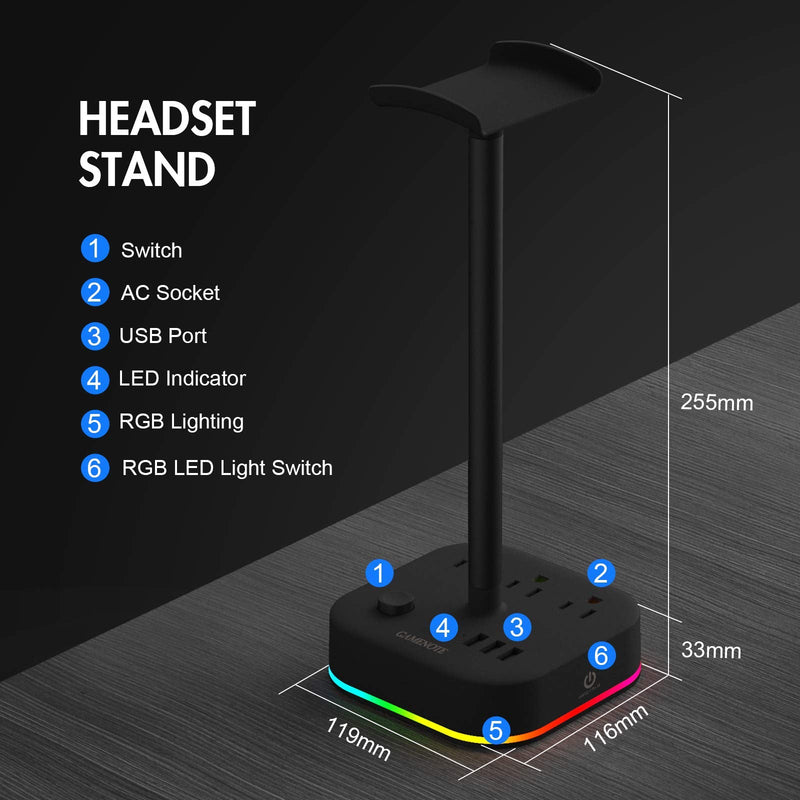 [Australia - AusPower] - Gamenote RGB Headphone Stand & Power Strip 2 in 1 Desk Gaming Headset Holder with 3 USB Charging Ports and 3 Power Outlets Earphone Hanger Accessories for Desktop Gamer 